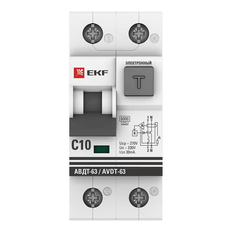 Выключатель автоматический дифференциального тока 2п C 10А 30мА тип A 6кА АВДТ-63 2мод. электрон. PROxima EKF DA63-10-30e