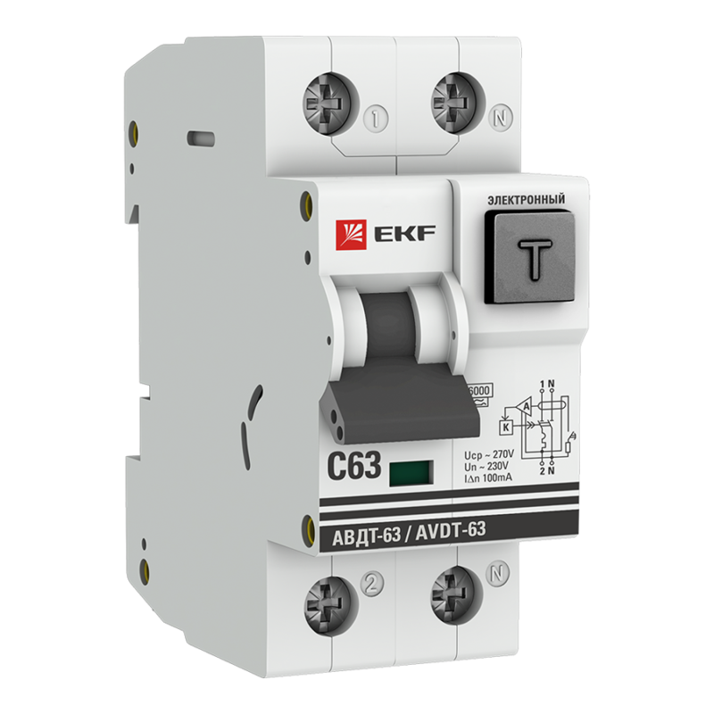 Выключатель автоматический дифференциального тока 2п C 63А 100мА тип A 6кА АВДТ-63 2мод. электрон. PROxima EKF DA63-63-100e